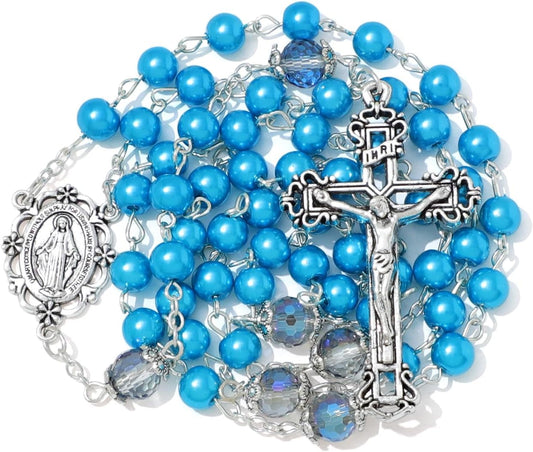 6mm Pearl Rosary Beads With Crucifix - Women's Catholic Prayer Necklace, Gift Box & Pouch Included