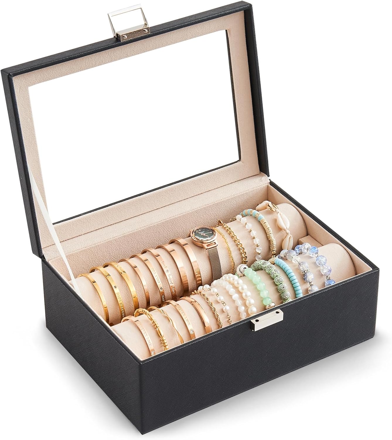Bracelet Display Holder with Rods for Bangles Watches, Clear Lid Jewelry Organizer Box