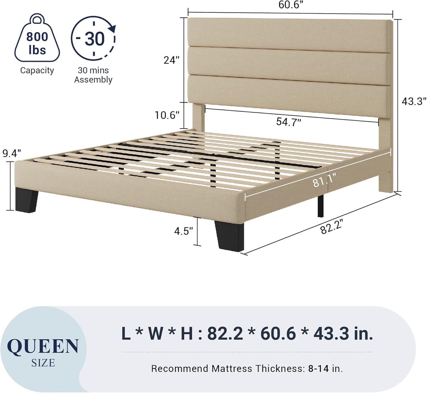 Queen Size, Platform Bed Frame with Fabric Upholstered and Wooden Slats Support, /No Box Spring Needed