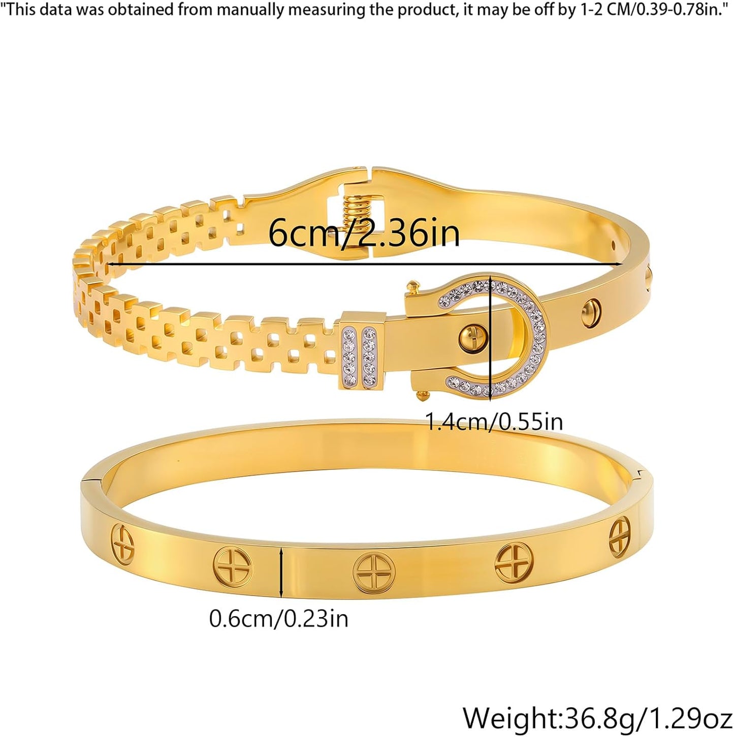 2PCS Gold Bracelets for Women Friendship & Love Theme Crystal Bangle Set Stainless Steel Non Tarnish Jewelry