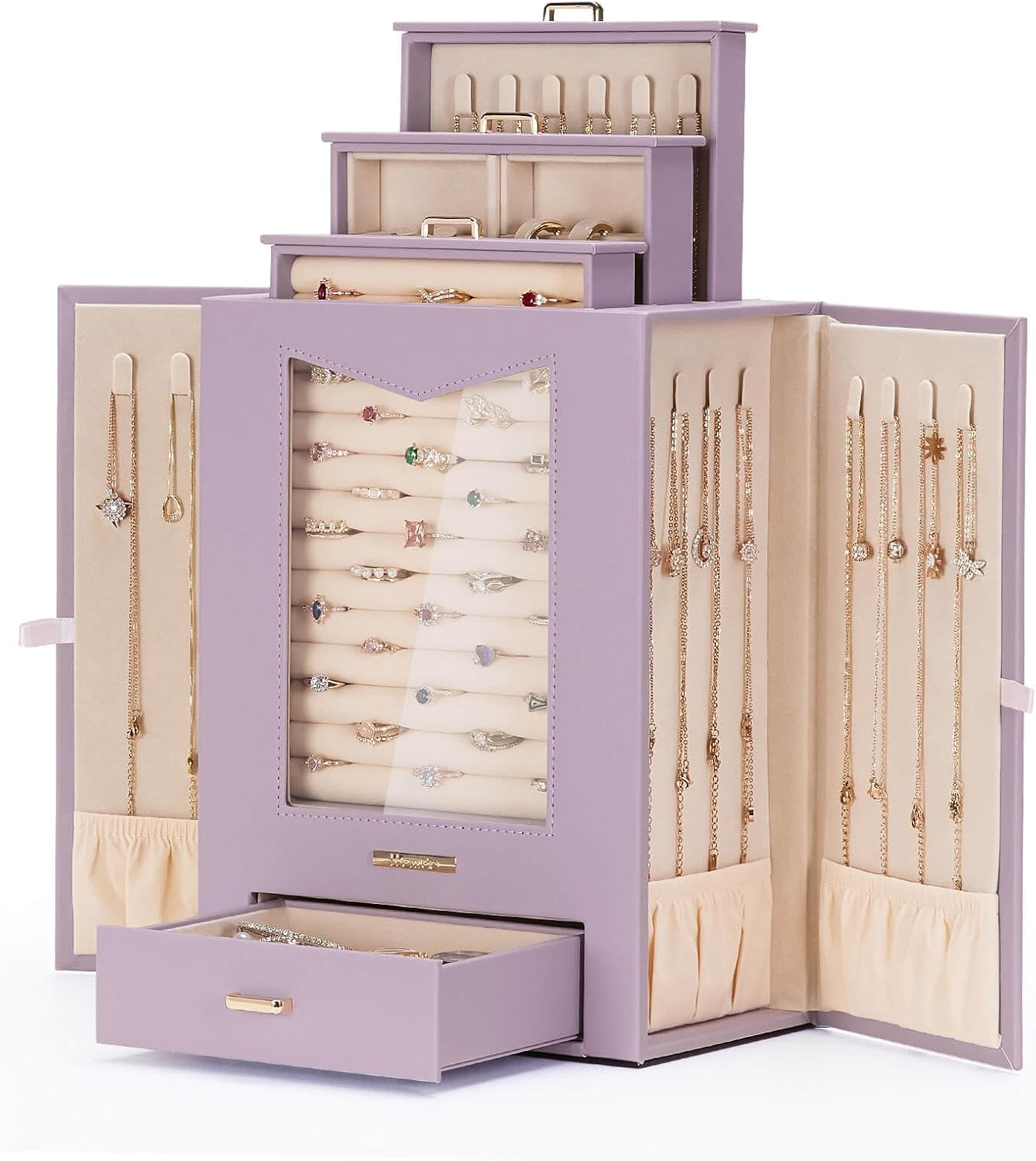 Jewelry Organizer with Transparent Window Necklace Hooks Jewelry Box for Necklaces Rings Earrings Bracelets