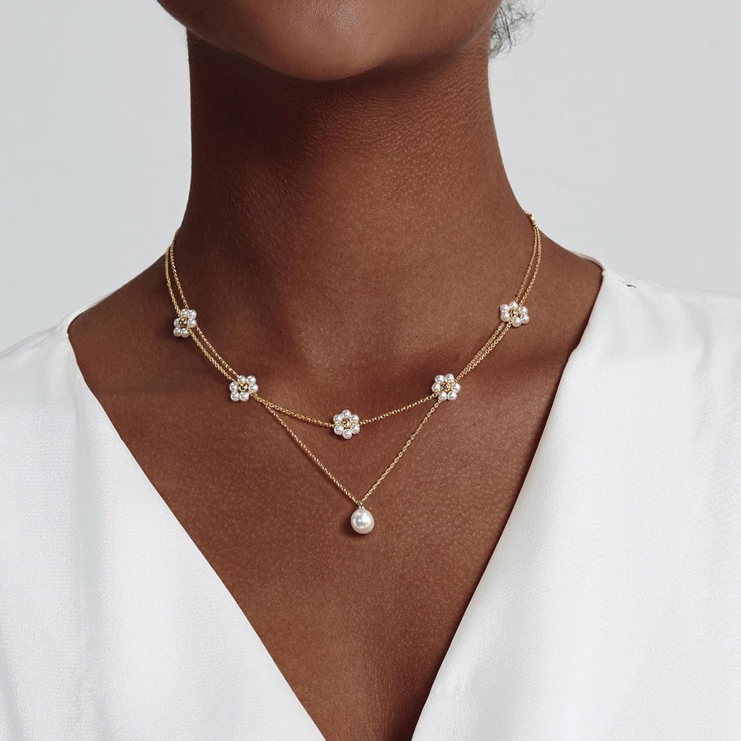14K Gold-Plated Pearl Necklace Set: Dainty Layered Daisy Choker, Trendy Jewelry Gift for Women