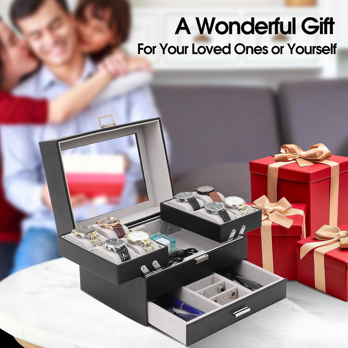 Watch Case for Men, 8 Slot Watch Display Case, 3 Layers Large Sunglass Storage Organize
