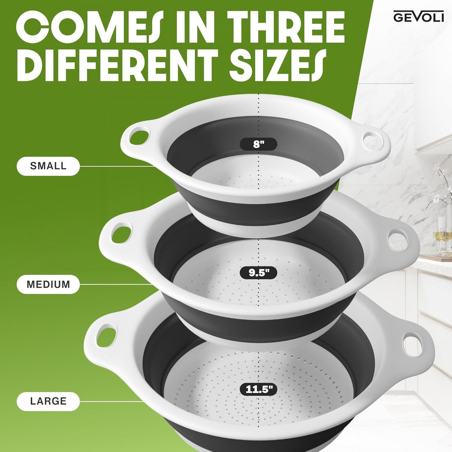 with Over-Sink Water Draining Base for Pasta Fruits and Vegetables, White (3 Sizes, 3QT, 4QT and 5 Quart)