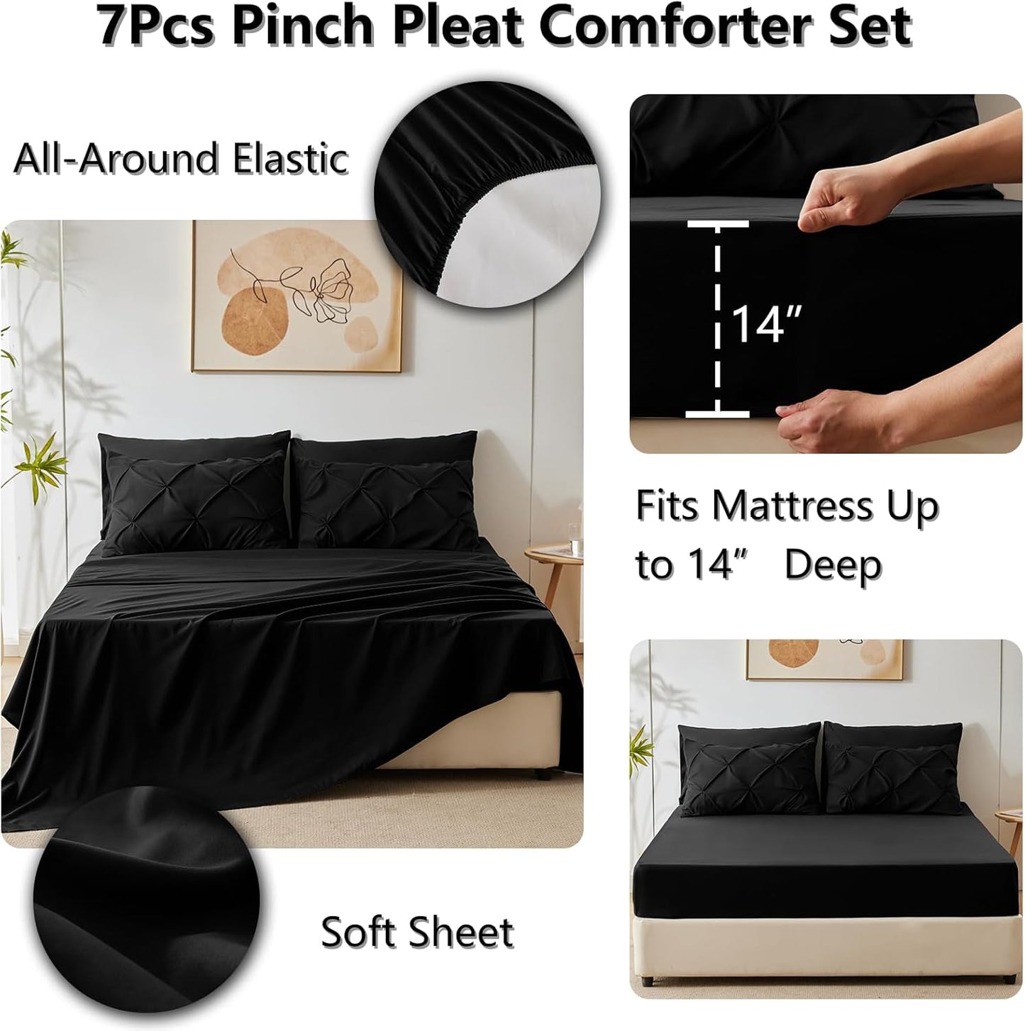 Queen Comforter Set Black, 7 count Pintuck Bed in A Bag, Premium Black Comforter Queen Size