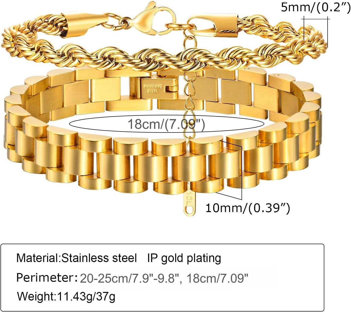 2pcs Gold Chain Link Bracelet, Stainless Steel Crystal Friendship Bracelets Bangle,Watch Band Chains Wristband
