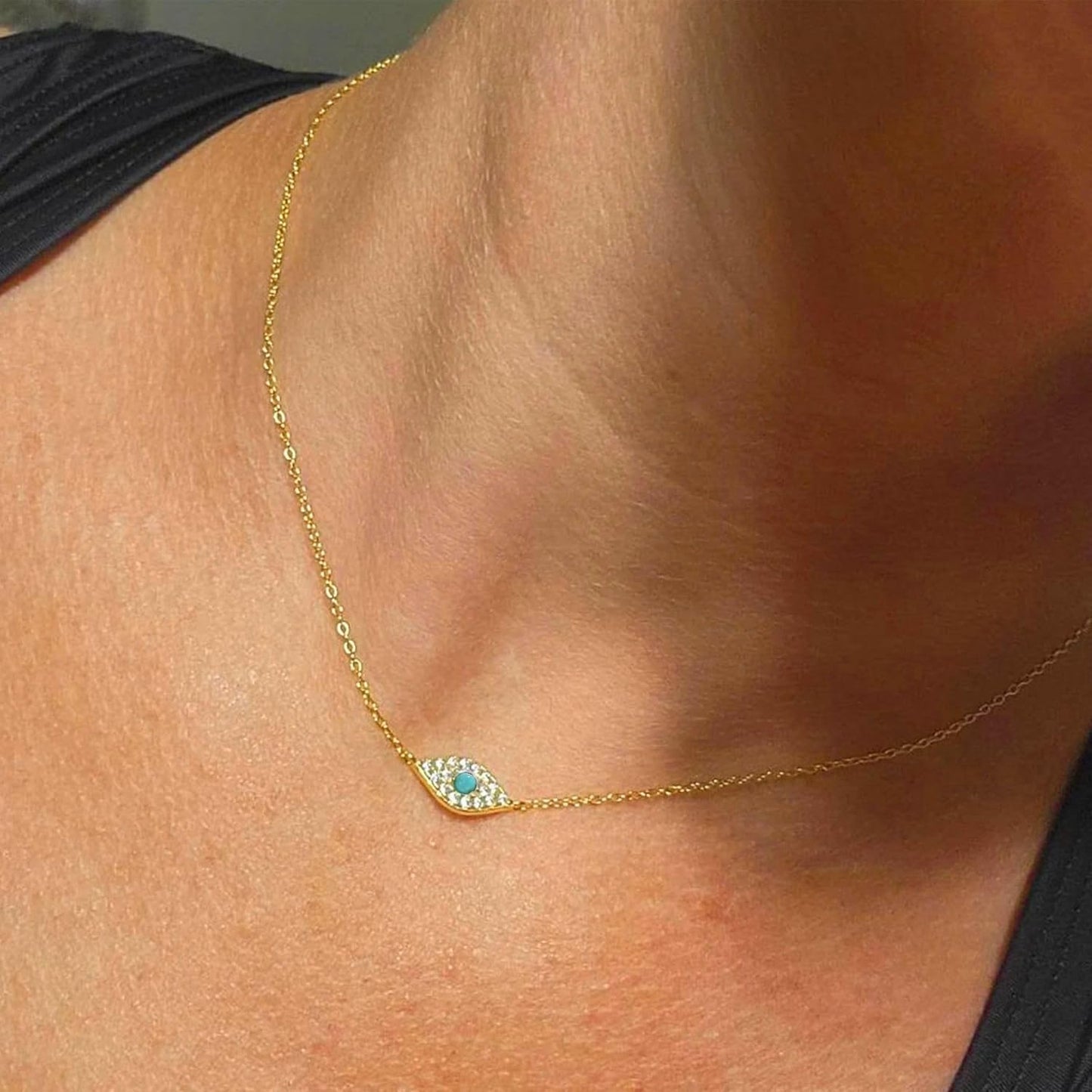 Evil Eye Necklace: 14K Gold Plated Blue CZ Diamond Boho Pendant for Women, Protection Gift
