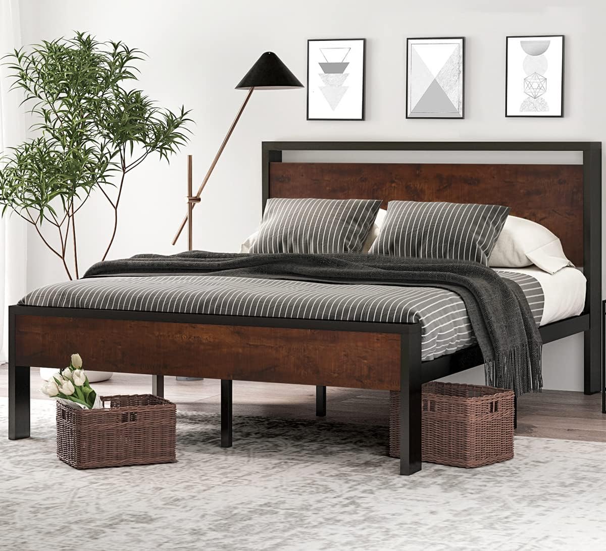 Queen Size Metal Platform Bed Frame with Wooden Headboard and Footboard, Mattress Foundation, No Box Spring Needed