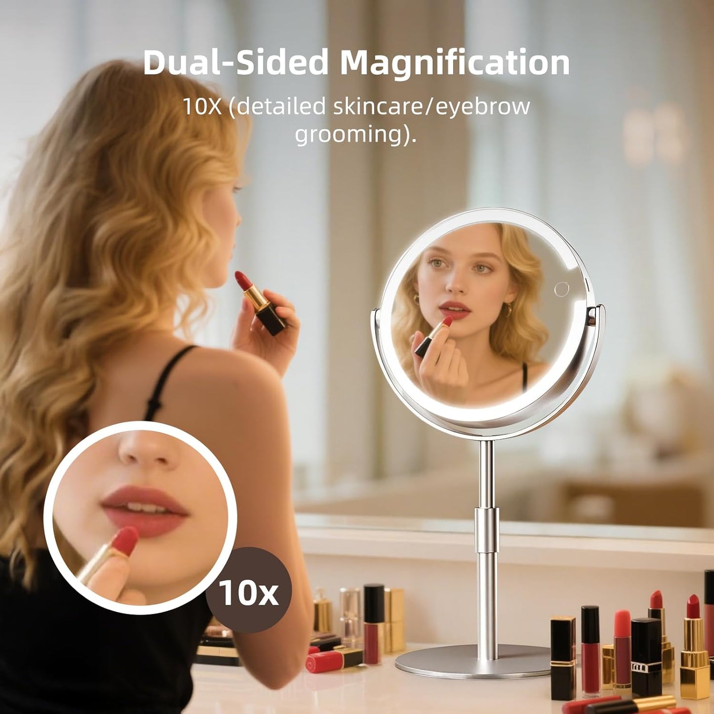 Vanity Mirror with Lights, 8" Dual-Sided Makeup Mirror with Magnification 1X/10X, Touch Control