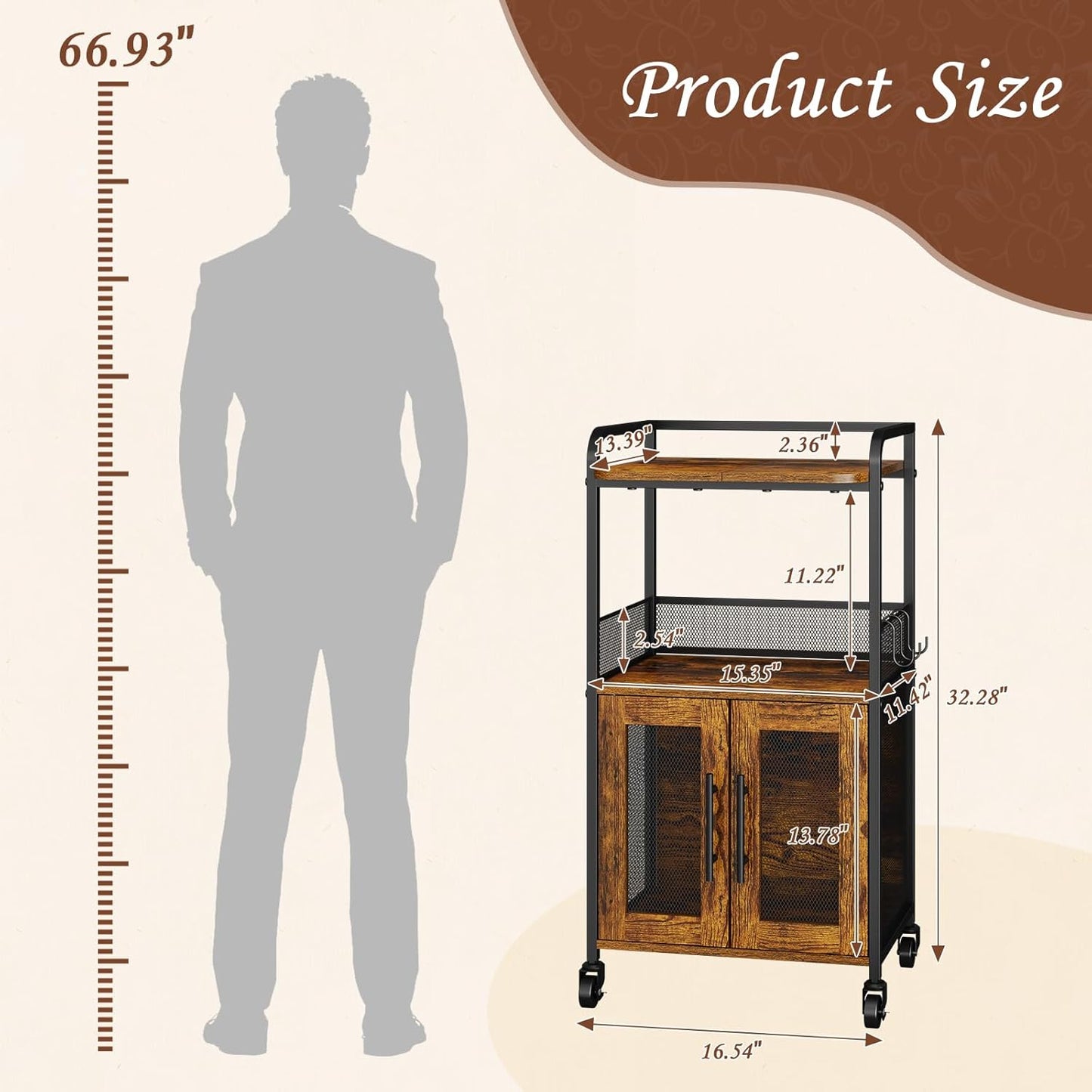 3-Tier Rolling Coffee Bar Table, Farmhouse Coffee Cart Station with 2 Doors for Living Room, Dining Room