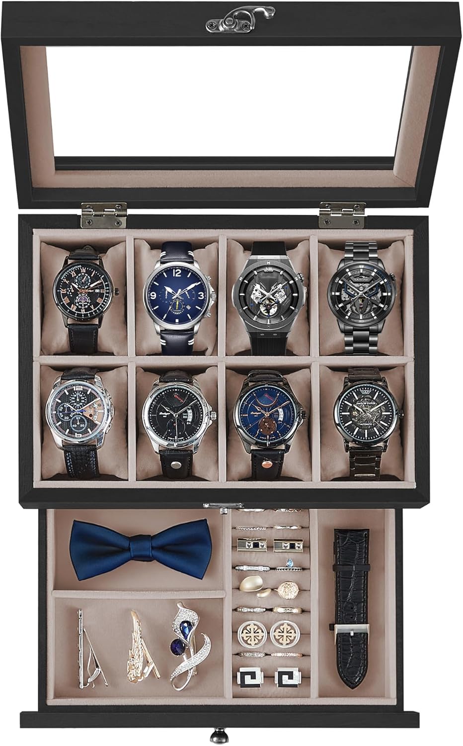 8-Slot Watch Box, 2-Tier Watch Display Case with Large Glass Lid, Removable Watch Pillows