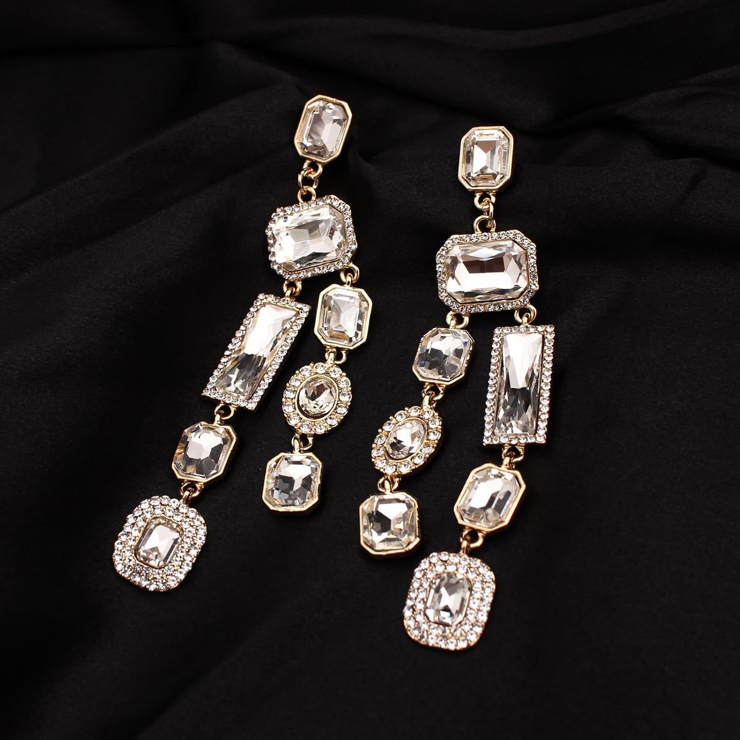 Vintage Rectangle Teardrop Chandelier Earrings, Art Deco Wedding Austrian Crystal Drop Dangle Earrings for Women Party Prom