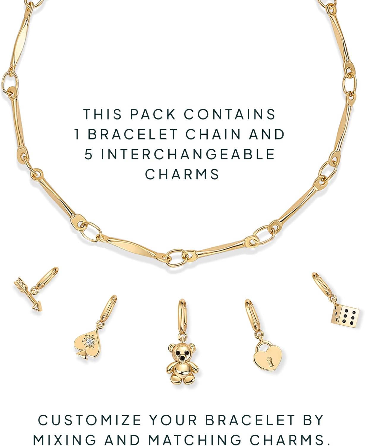 14K Gold Plated Adjustable Bracelet for Women | Twisted Bar & Paperclip Charm Chain Bracelets with Moon, Evil Eye