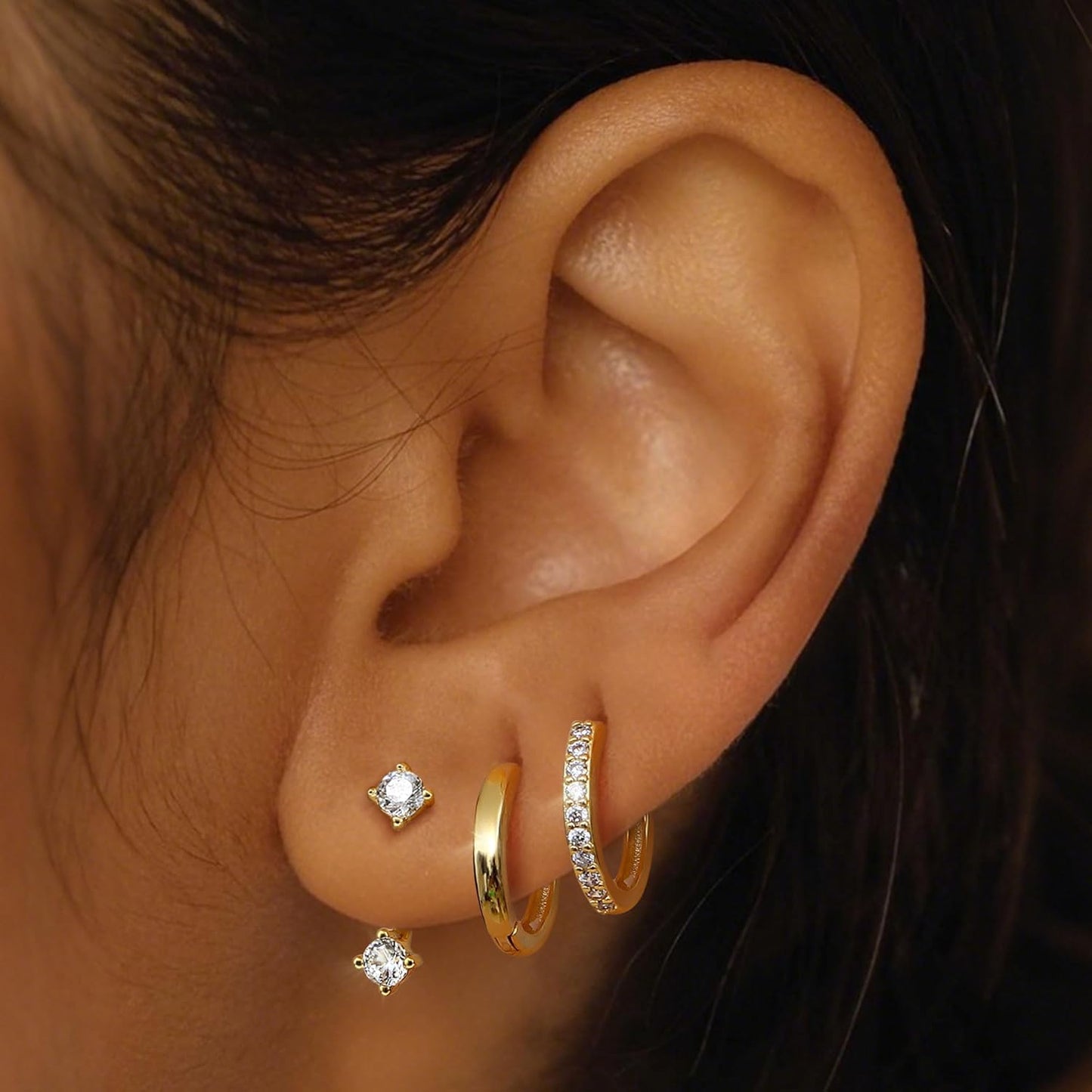 3Pairs 925 Sterling Silver, 14K Gold Plated Small Huggie Hoop Earrings Sets for Multiple Piercing CZ Cartilage Earrings Stacks