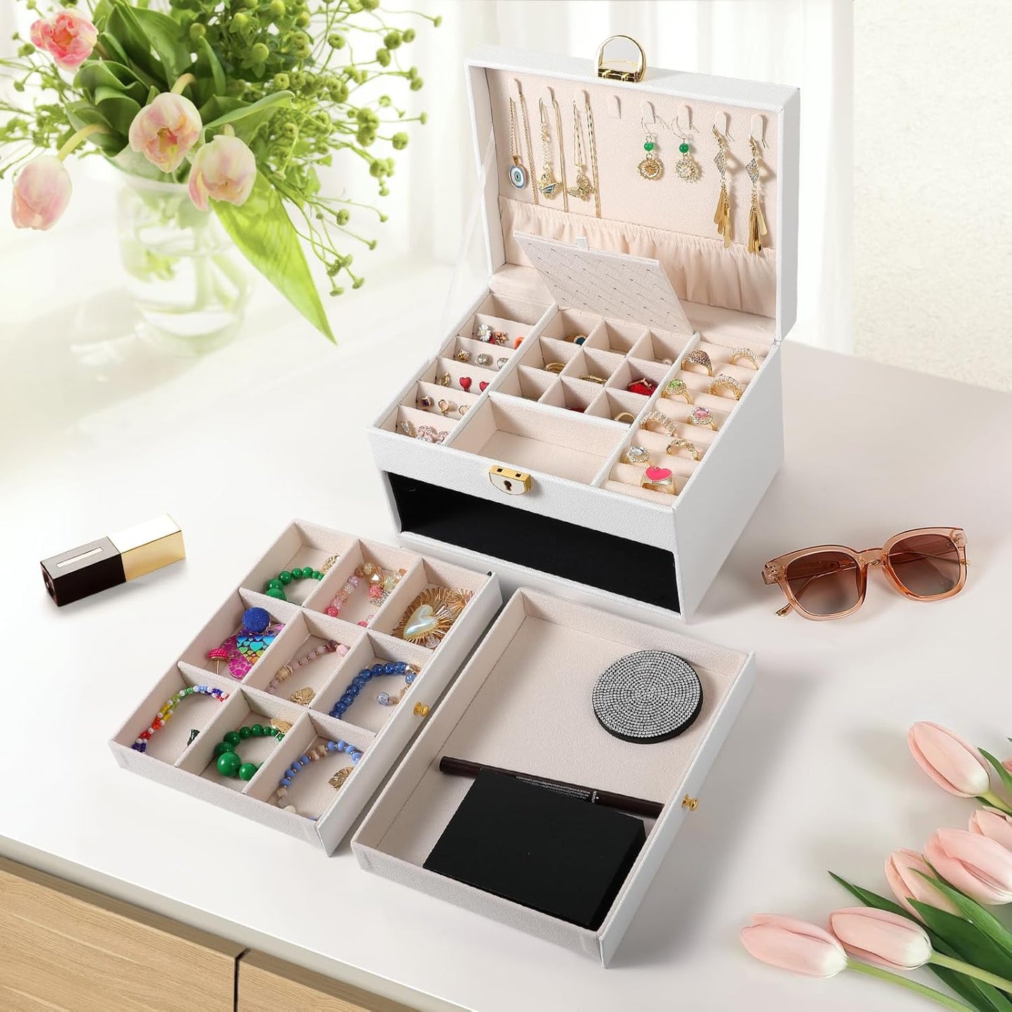 3 Layer Jewelry Box, Lockable Jewelry Holder Organizer with Jewelry Drawer