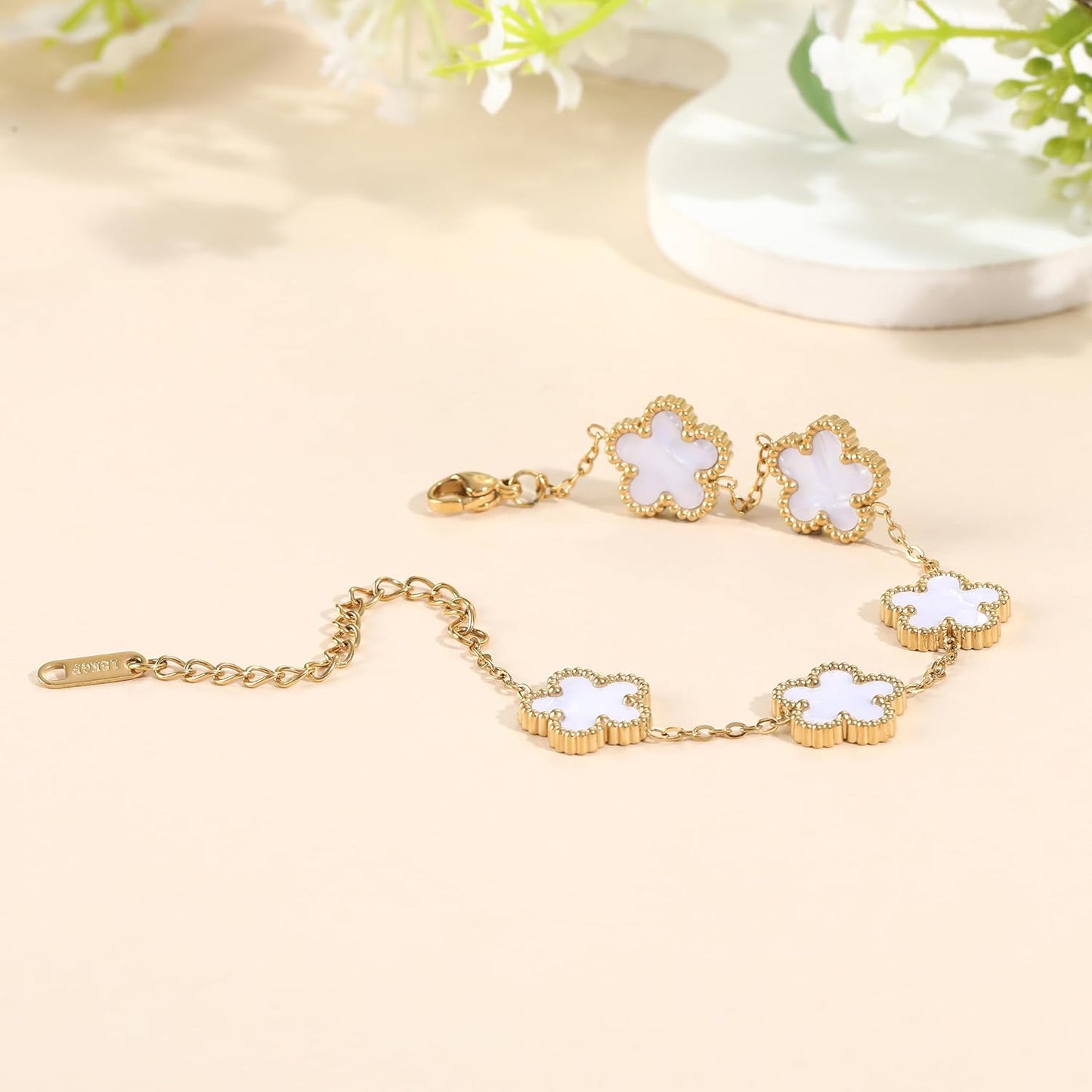 Four Leaf Clover Bracelet for Women 18K Gold Plated Stainless Steel Lucky 4 Leaf Gold Link Bracelet Jewelry Gift for Women