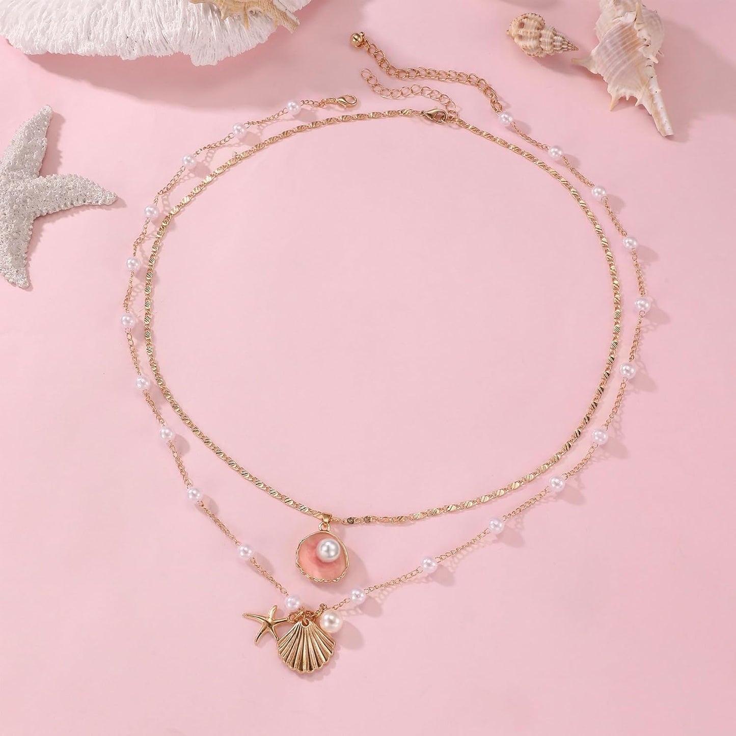 Layered Gold Shell Necklace With Conch & Starfish Pendant - Boho Non-Tarnish Summer Beach Vacation Jewelry Gift For Women