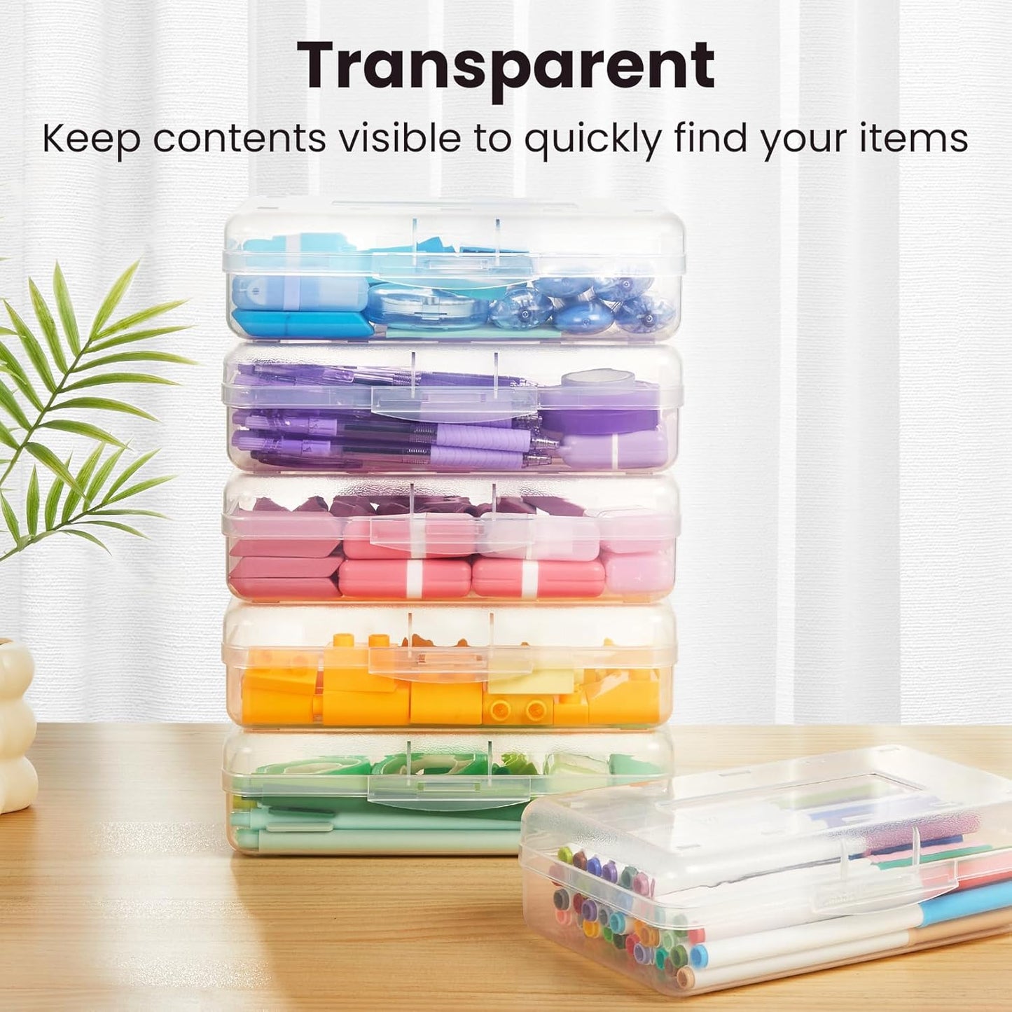 OMOMMD Plastic Pencil Case Box 6 Pack, Large Crayon Maker Pen Organizer, Plastic Containers with Snap Lids, Stackable Craft Storage Boxes Bulk, School Supplies Art Box for Bead, Clear
