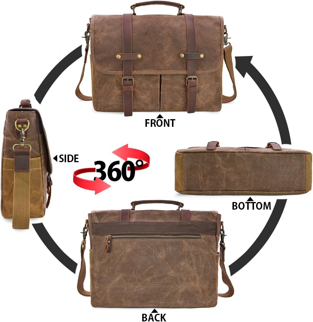 15.6 Inch Mens Messenger Bag Waterproof Vintage Genuine Leather Waxed Canvas Briefcase Large Leather Computer