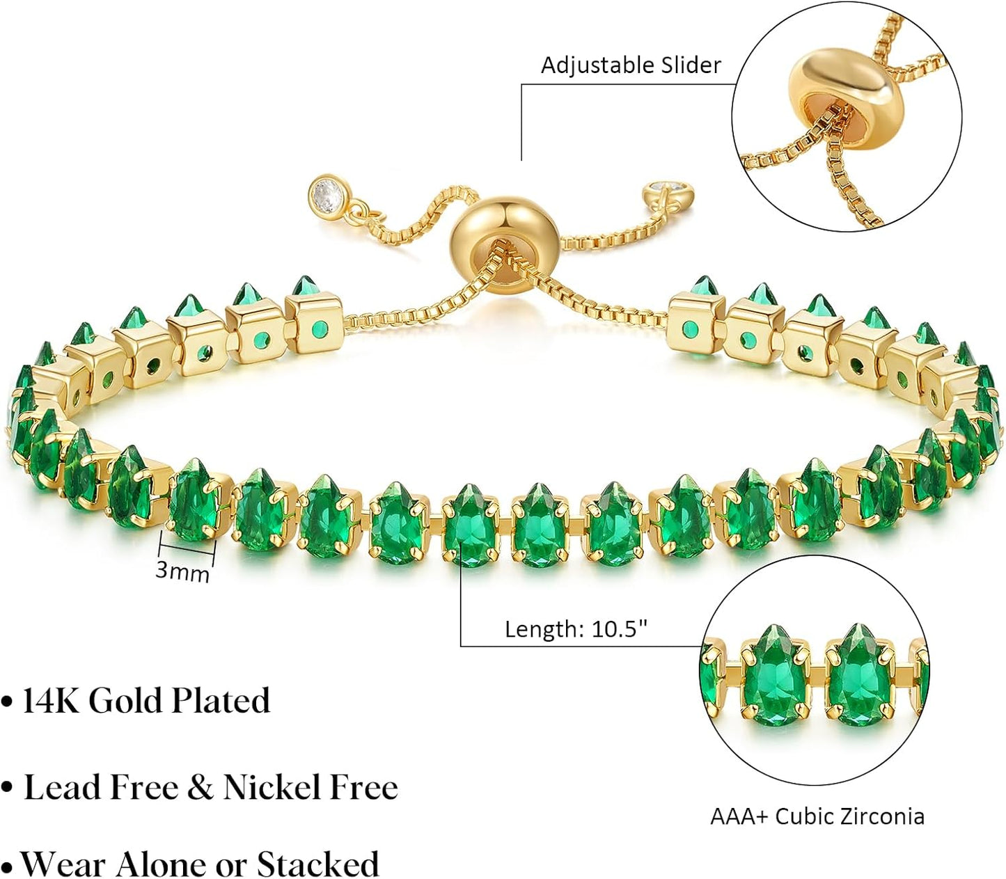 Tennis Bracelet for Women, 14K Gold Plated Cubic Zirconia Adjustable Slider Bracelets Trendy Jewelry Gift