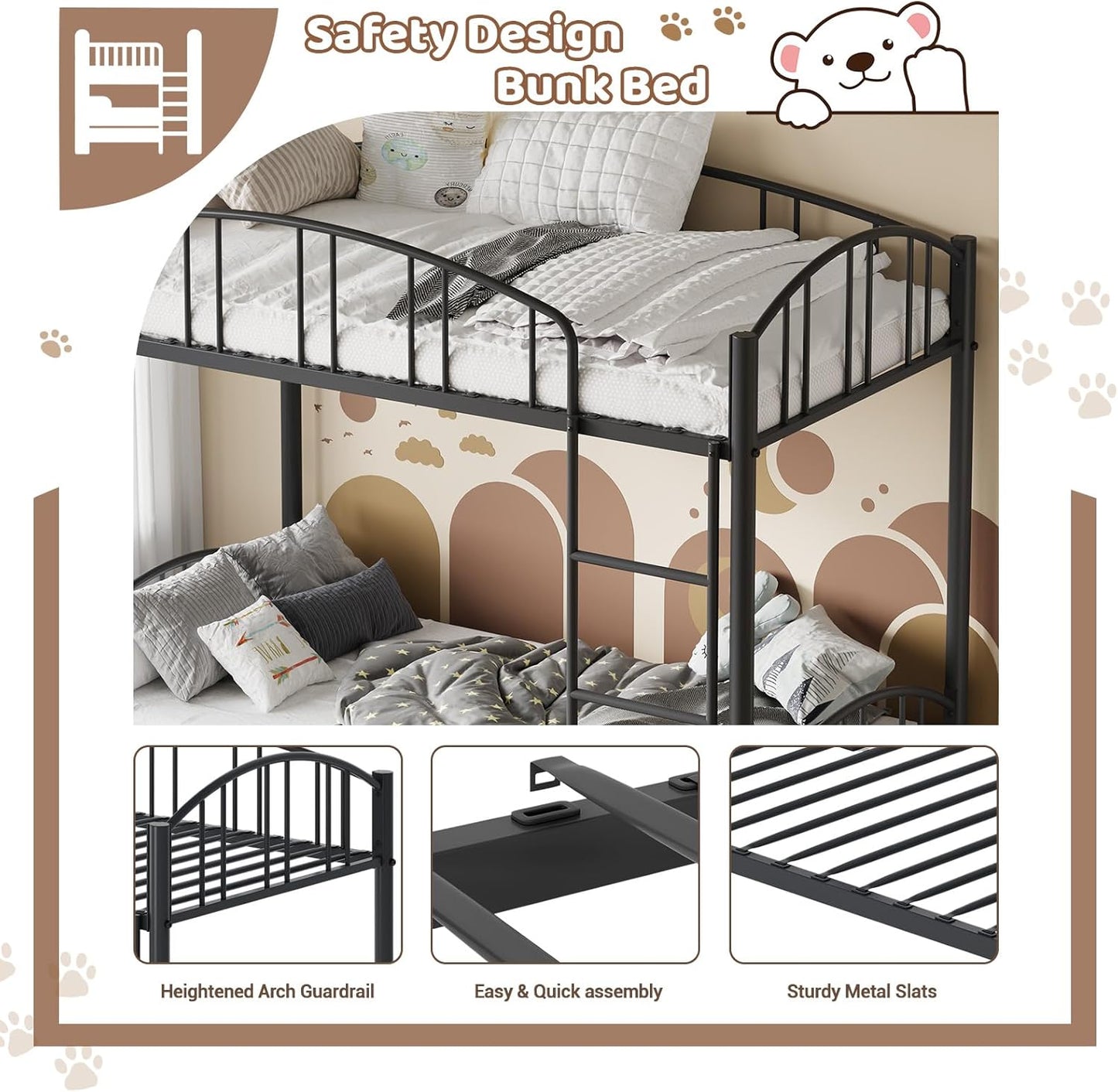 Metal Bunk Bed Twin Over Twin, Heavy Duty Bunkbeds Frame with Arched Guardrail and Safety Ladder, Sturdy Steel Bed for Kids Boys Girls, Space-Saving, No Box Spring Needed, Modern Black