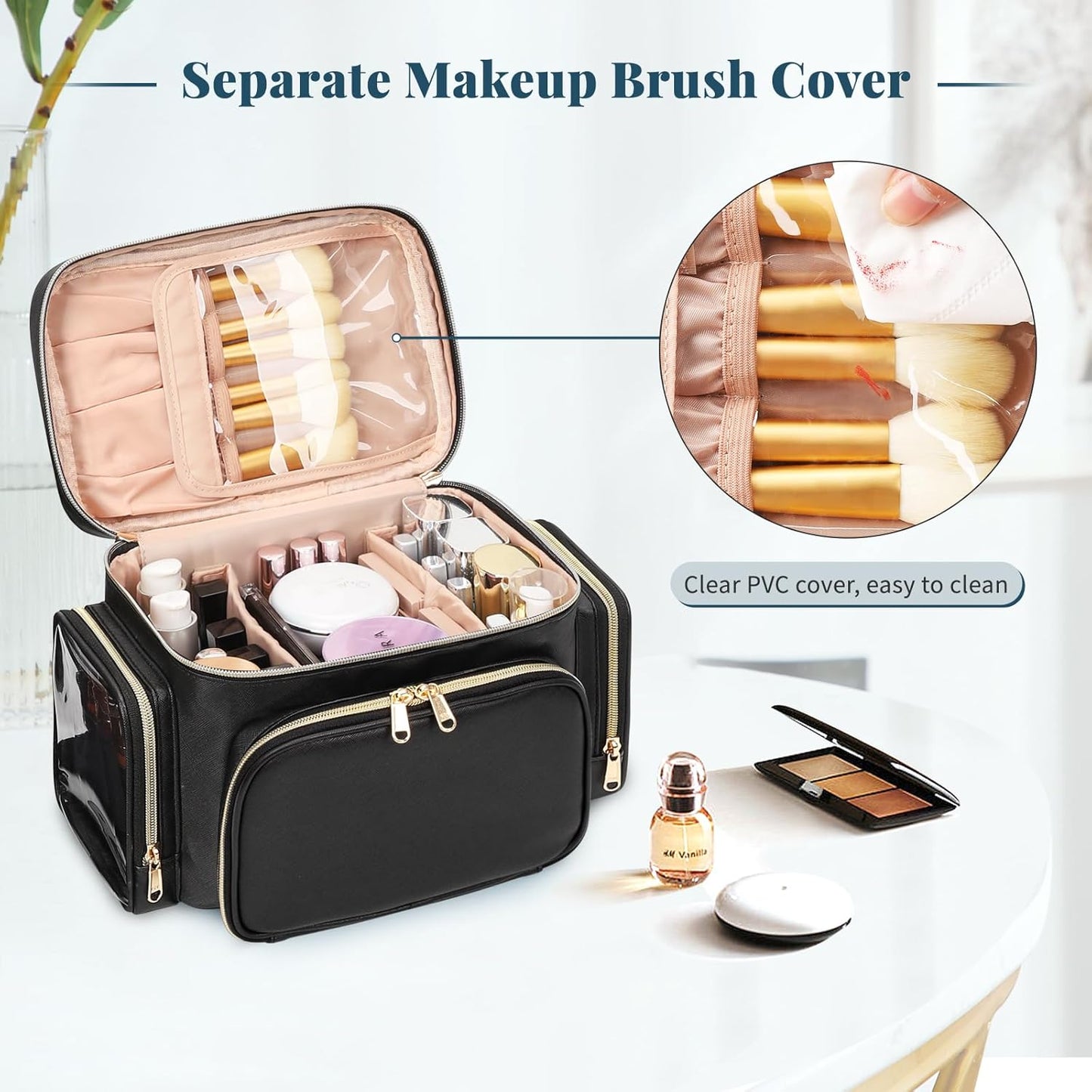 Large Makeup Bag, Organizer for Women Girls with Makeup Brush Compartment & Two Side Pockets