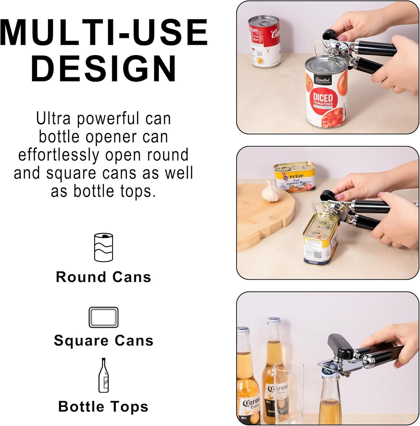 Large Heavy Duty Can Opener Manual Smooth Edge Stainless Steel, Comfortable Handle, Built-in Bottle Opener, 8.66 inch