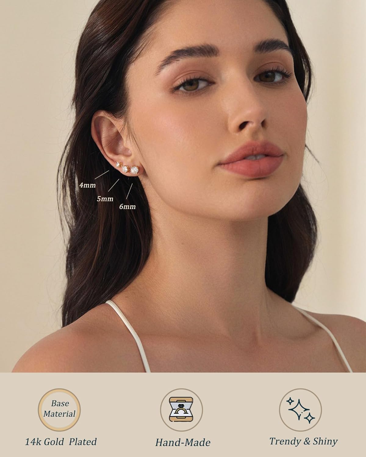 5 Pairs 14K Gold Plated Stud Earrings for Women, Hypoallergenic Earring Sets for Multiple Piercing, Premium Cubic Zirconia Studs