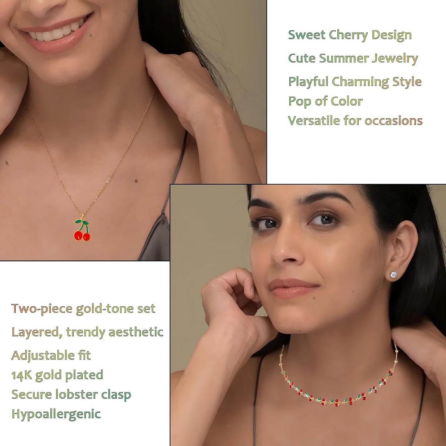 Cherry Necklace for Women 2PCs 14K Gold Plated Layered Dainty Pendant Cute Summer Fruit Jewelry Accessories