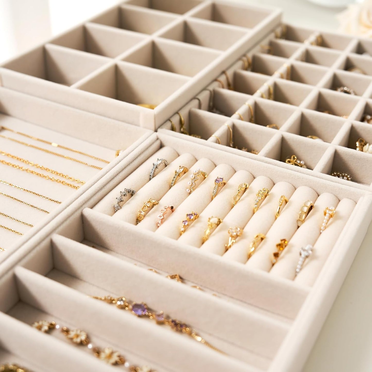 Stackable 4-Layer Jewelry Tray Set for Earrings, Rings, Necklaces, Bracelets with Removable Dividers for Dresser & Vanity