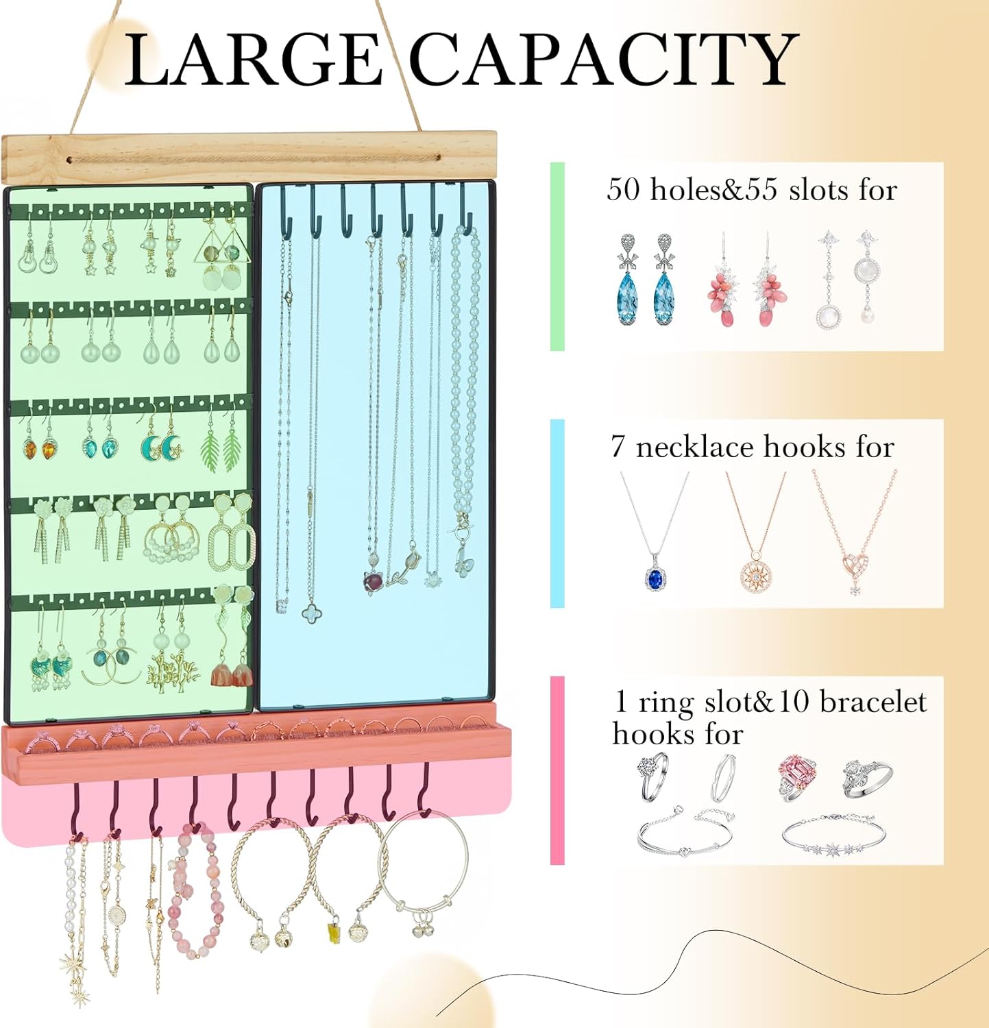 Hanging Jewelry Organizer, 5-Tier Wall Earring Holder with Wooden Ring Groove, Jewelry Rack Wall Mounted