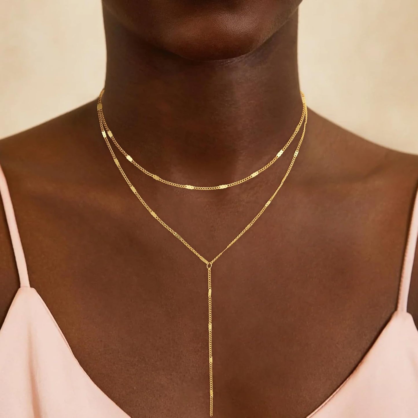 14K Gold Plated Lariat Necklace for Women - Y-Shaped Layered Bar & Beaded Chain
