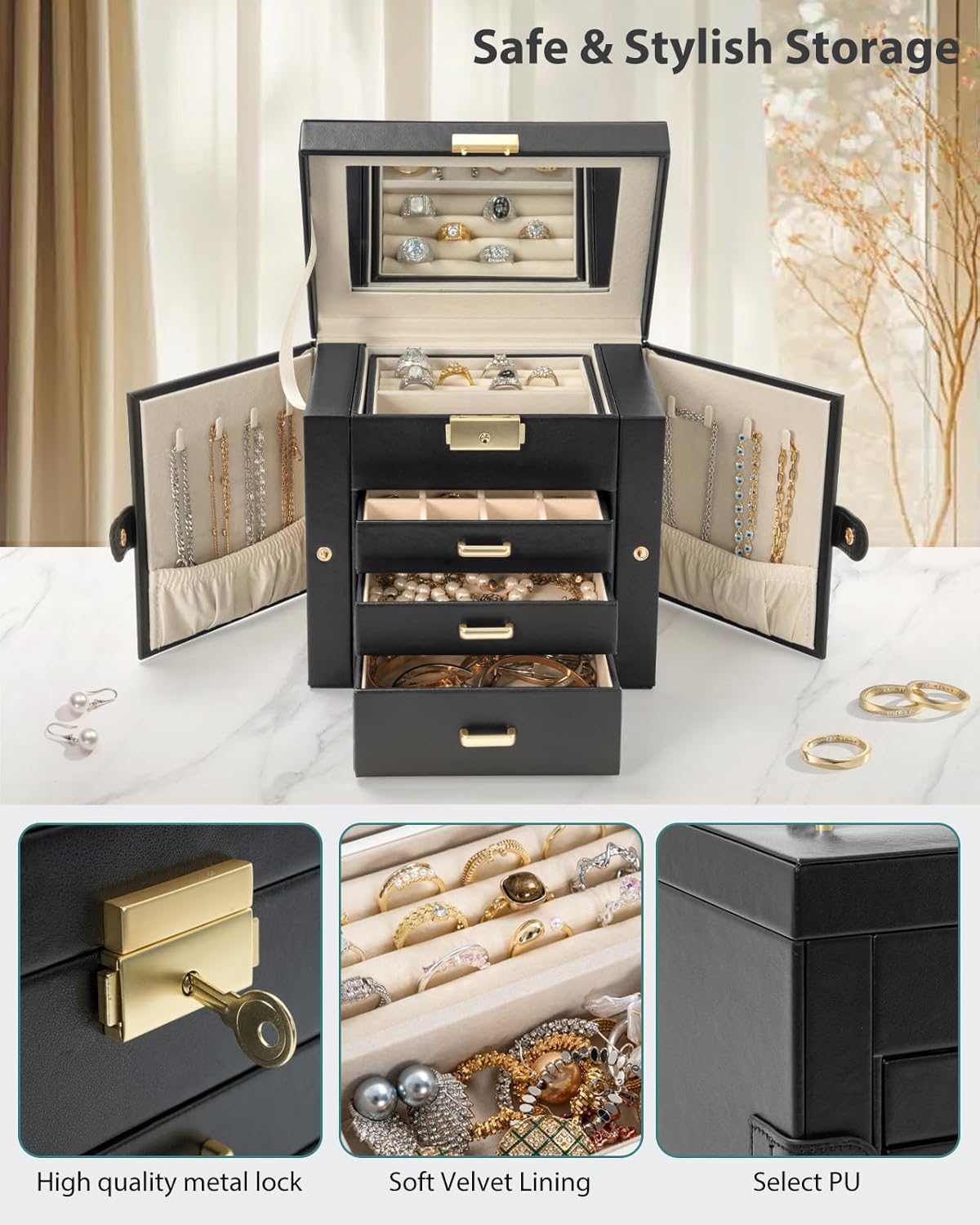 4-Tier Jewelry Box Leather Jewelry Storage Organizer with 3 Drawers Lockable
