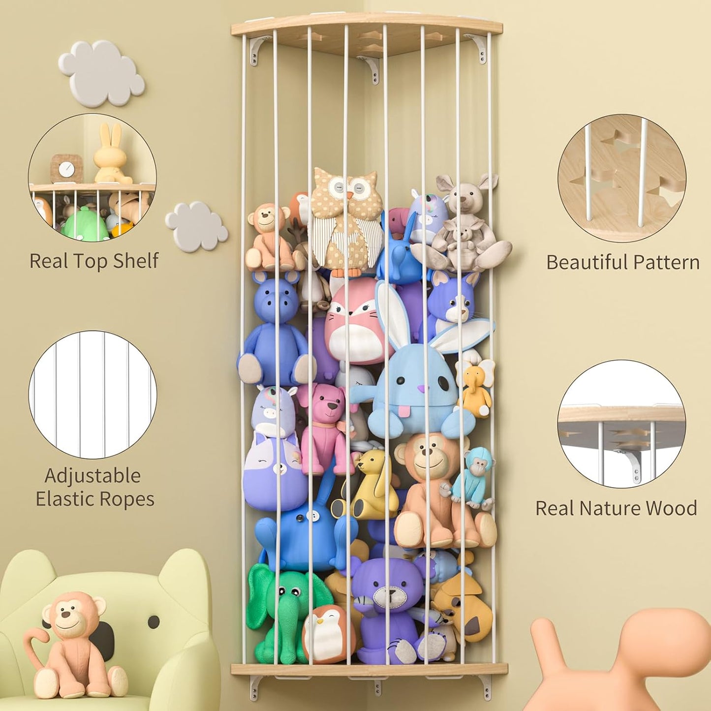 Stuffed Animal Storage Wood Corner Plush Toys Holder with Star Pattern, Length Adjustable Hanging Stuffed