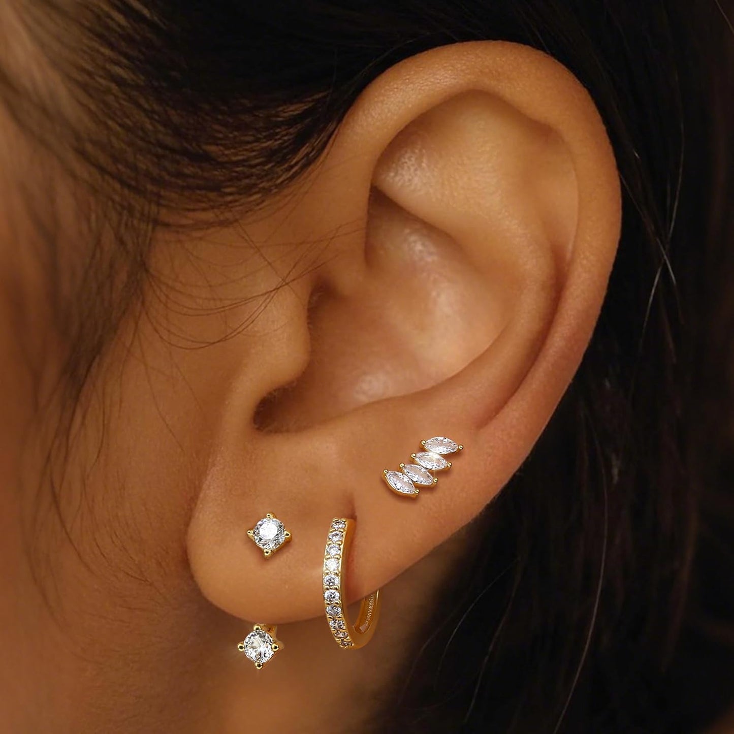 3Pairs 925 Sterling Silver, 14K Gold Plated Small Huggie Hoop Earrings Sets for Multiple Piercing CZ Cartilage Earrings Stacks