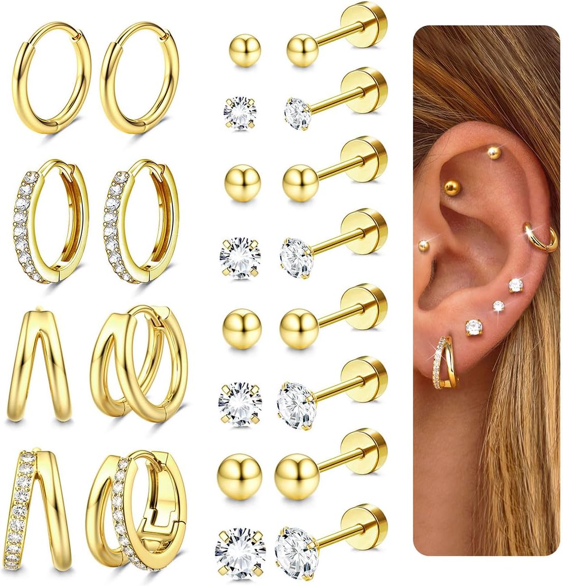 Jstyle Hypoallergenic Gold Stud Hoop Earrings for Women Men Surgical Stainless Steel Flat Back Earrings Small 14K Gold Huggie Hoops
