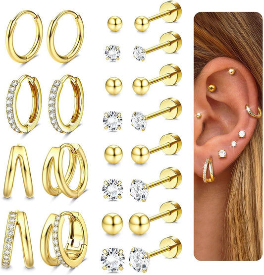 Jstyle Hypoallergenic Gold Stud Hoop Earrings for Women Men Surgical Stainless Steel Flat Back Earrings Small 14K Gold Huggie Hoops