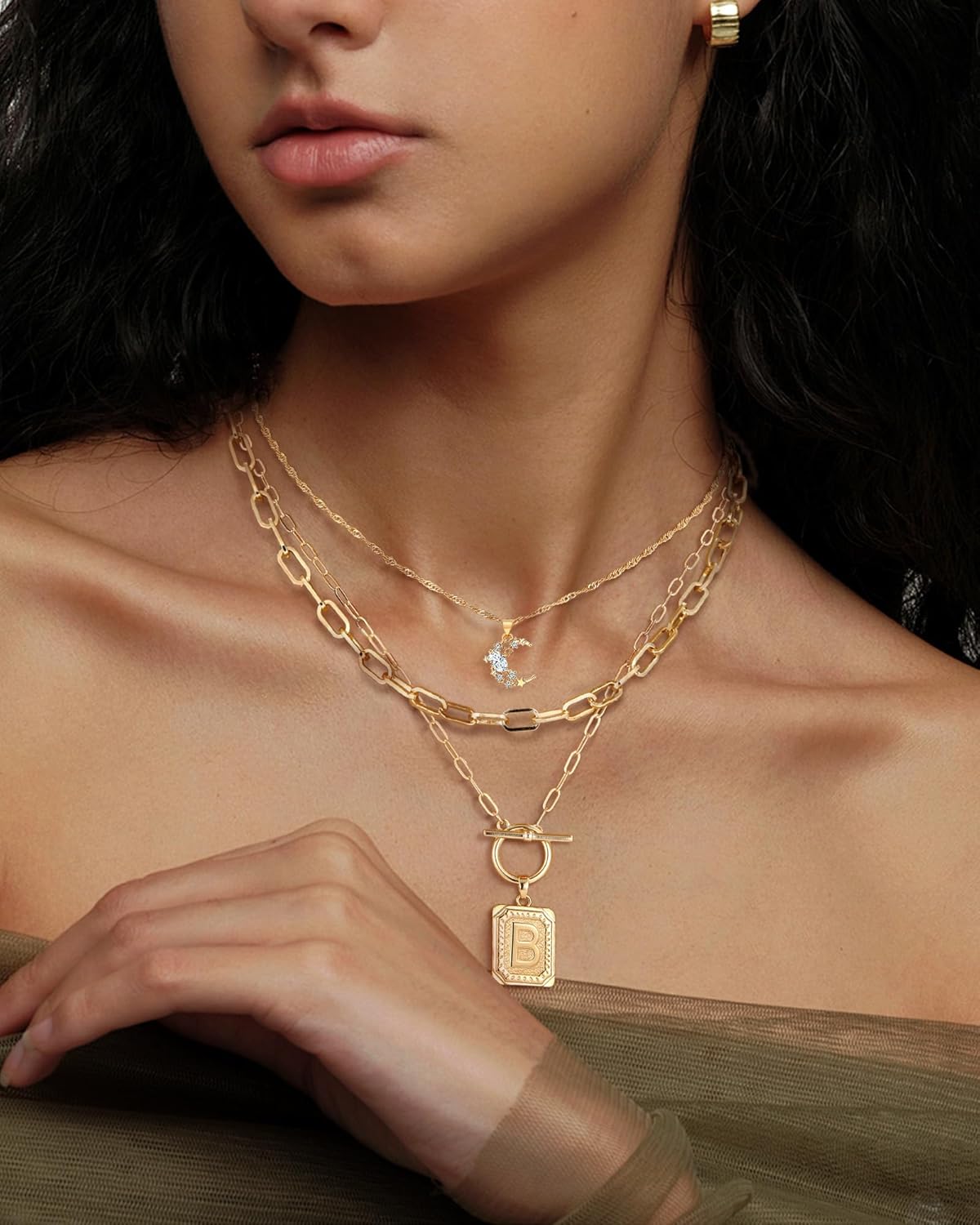 Custom Initial Moon Necklace Set - 14K Gold Plated Layered Letter Choker Gift for Her