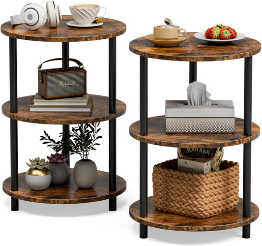 Small Round End Table - 3 Tier Design Accent Table, Narrow Side or Bedside Stand,  Set of 2