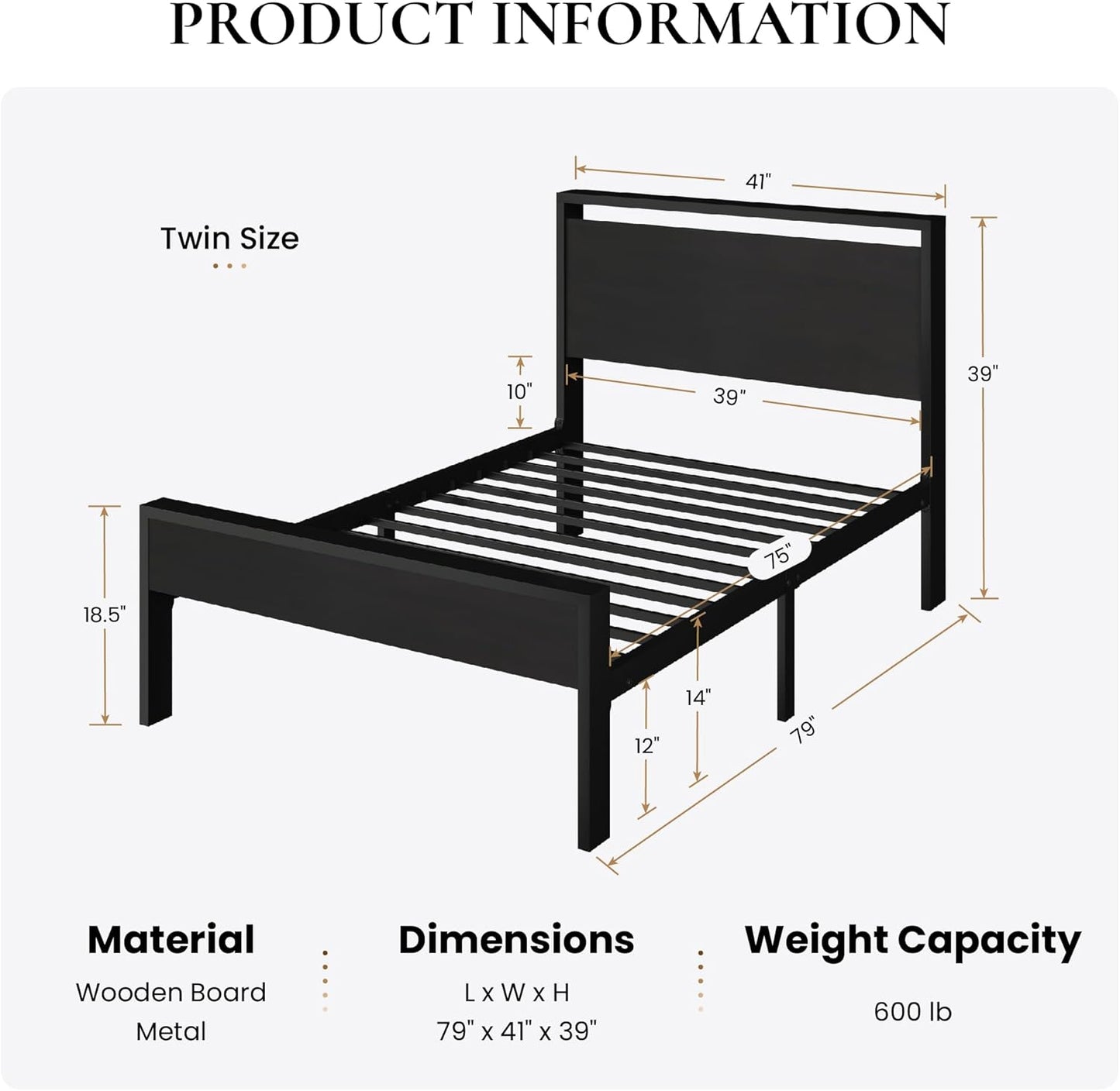 Twin Size Metal Platform Bed Frame with Wooden Headboard and Footboard, Mattress Foundation, No Box Spring Needed