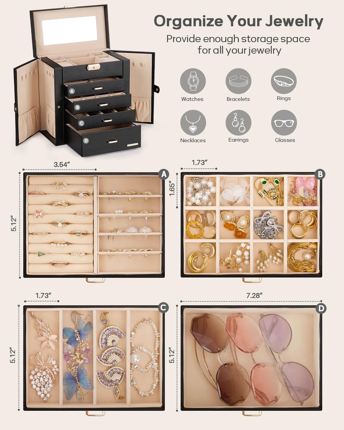 Synthetic Leather Huge Jewelry Box Mirrored Watch Organizer Necklace Ring Earring Storage Lockable