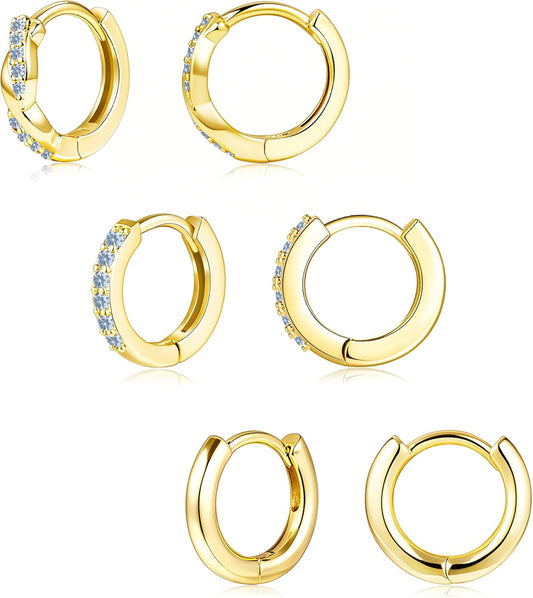 Inerney Gold Huggie Hoop Earrings Set for Women, Dainty Small Sterling Silver Earring Stacks Hypoallergenic Jewelry for Multiple Piercings