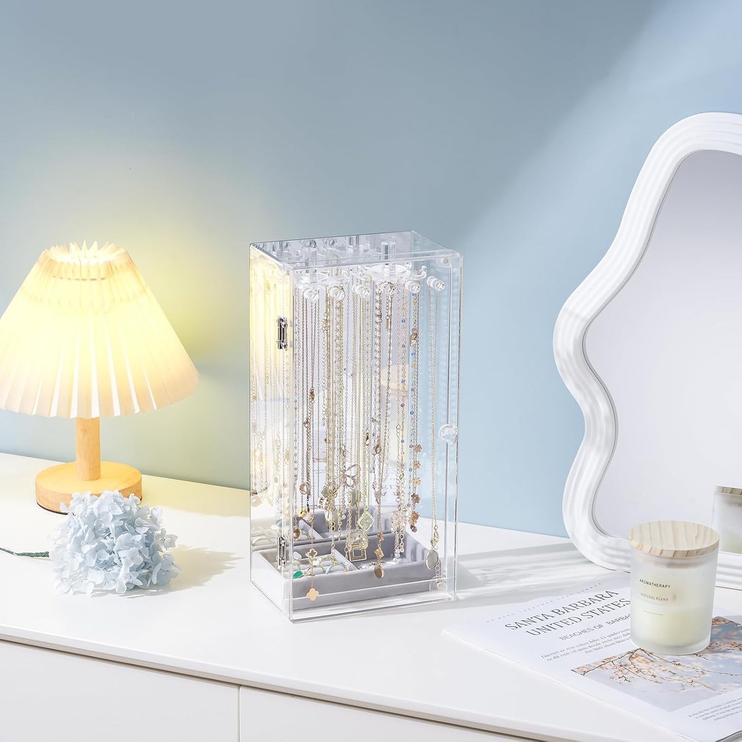 Acrylic Jewelry Organizer with 24 Hooks, Rotating Clear Necklaces Display Box with Built-in Mirror