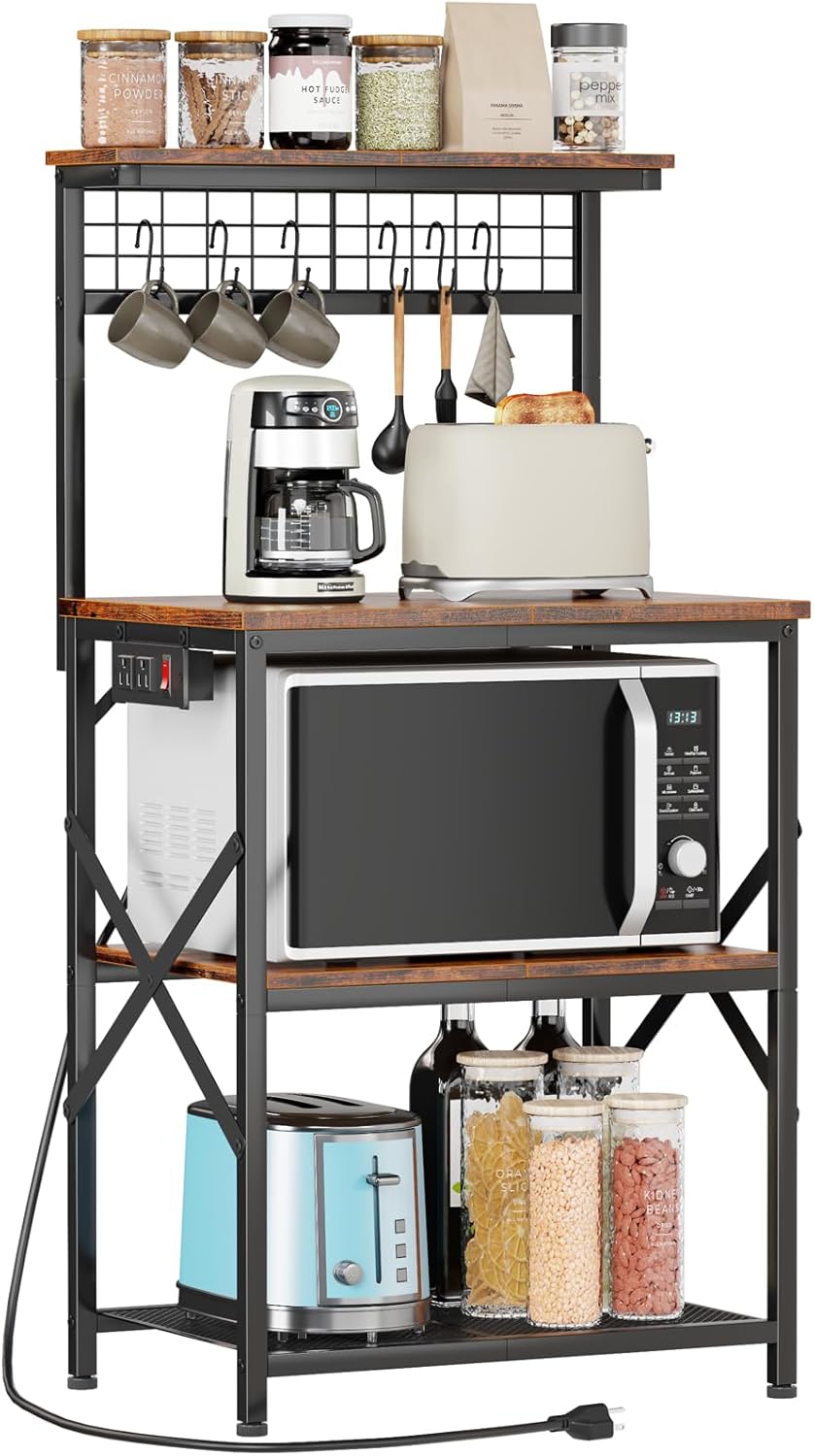 Coffee Bar Station with a 22inch Inch Desktop and 8 S Hooks,Kitchen Microwave Rack for Spices,Pots