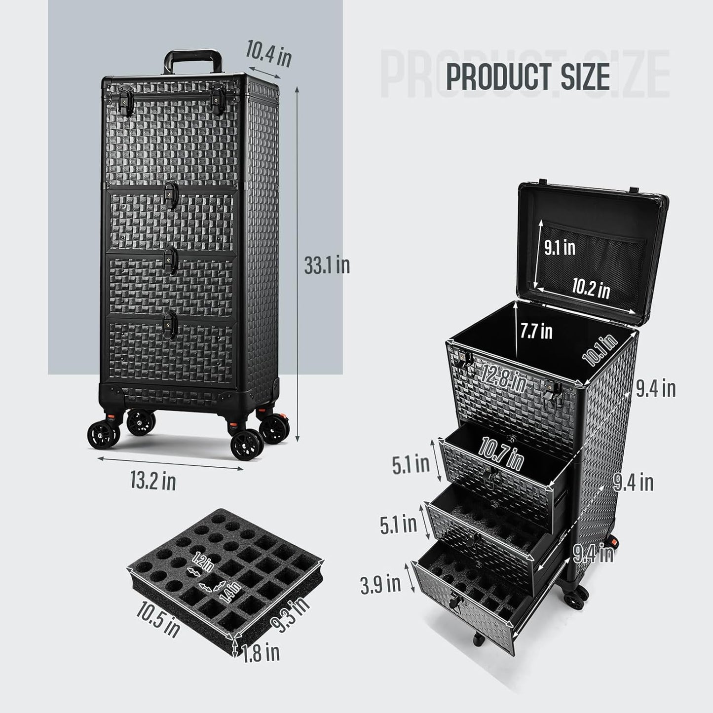4 in 1 Professional Makeup  Case Aluminum Cosmetic Case Rolling Makeup Case