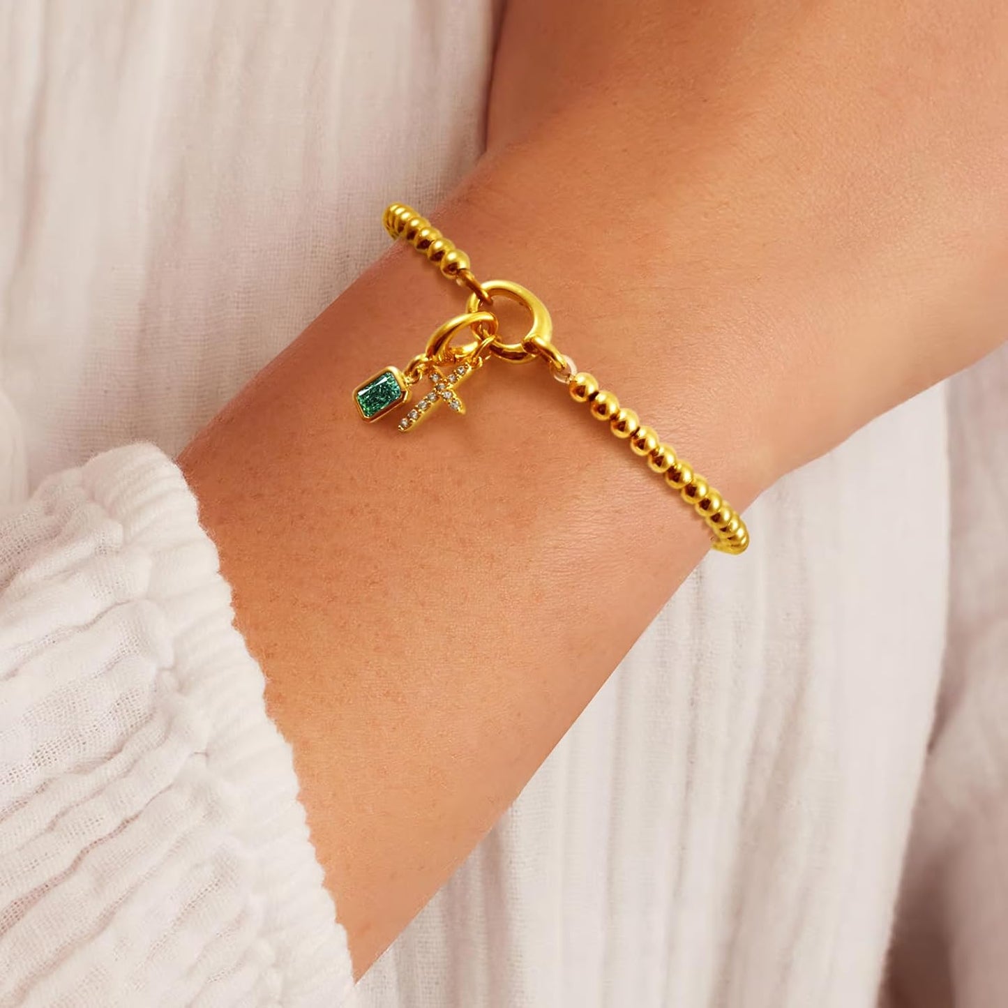 Free bird Cross Birthstone Bracelet | Dainty 14K Gold Plated Cross Charm Bracelet | Stretchable Elastic Gold Beaded Bracelet