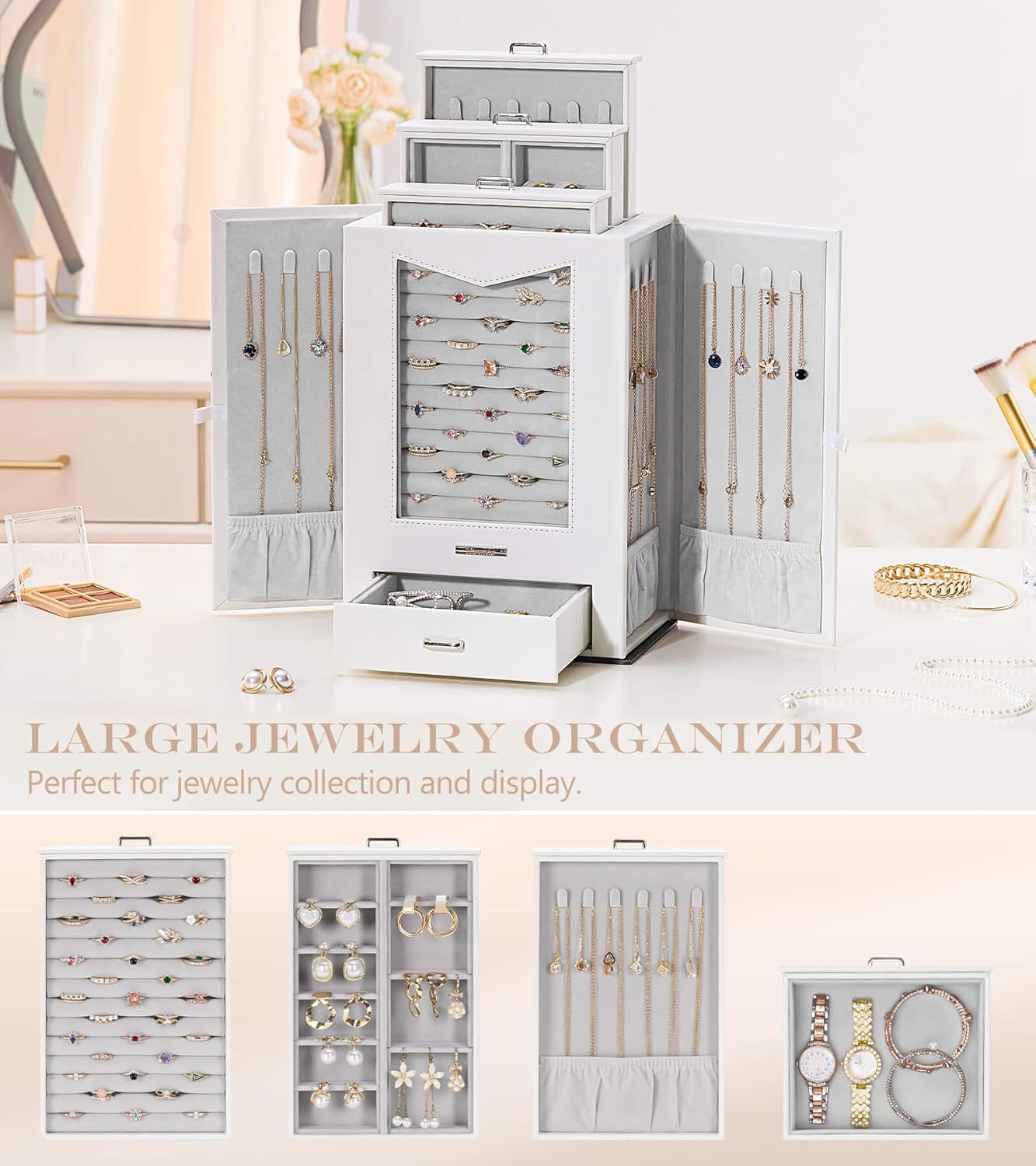 Jewelry Organizer with Transparent Window Necklace Hooks Jewelry Box for Necklaces Rings Earrings Bracelets