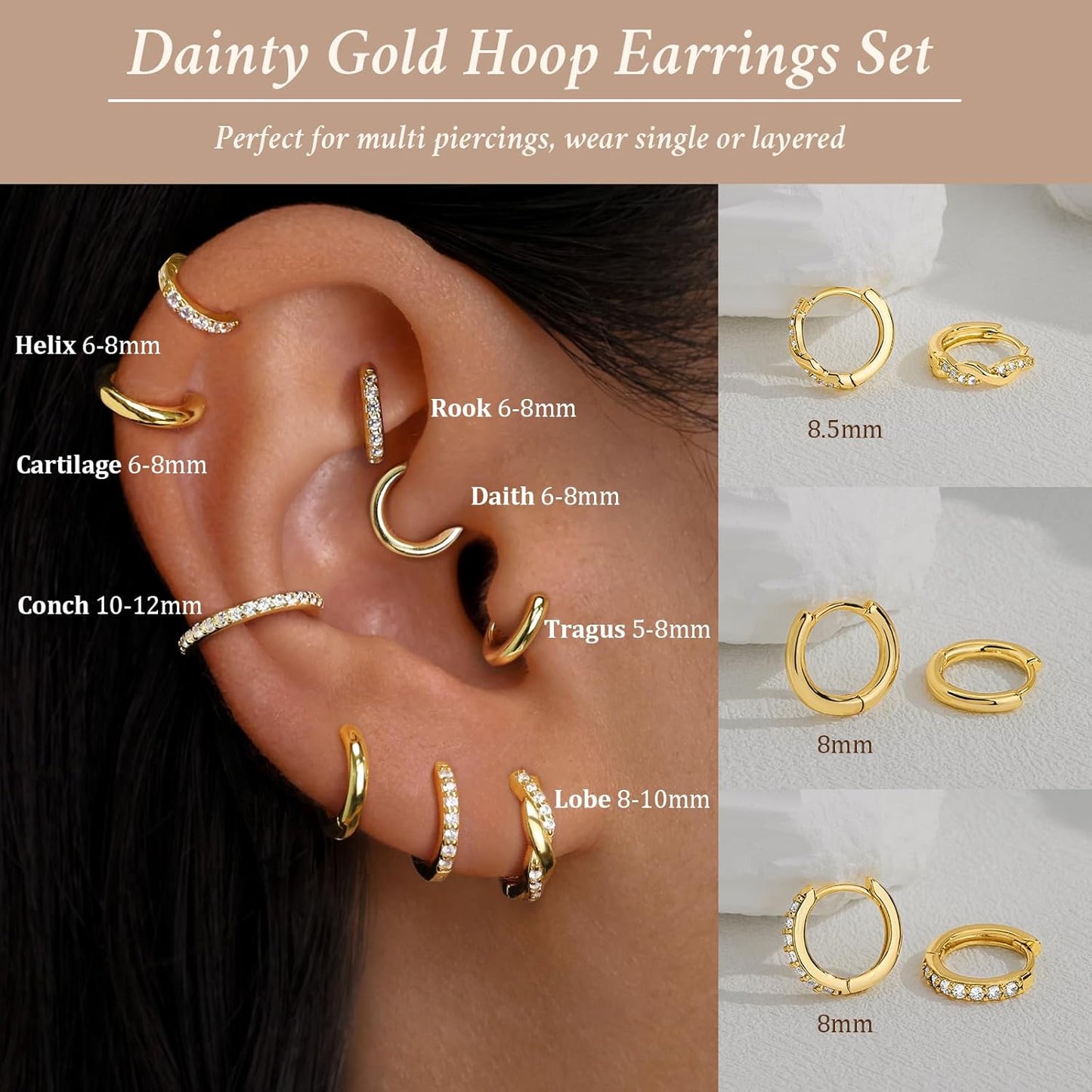Small Sterling Silver Huggie Hoop Earrings Set for Women, 14K Gold Plated Hoops Stacks for Multiple Piercings