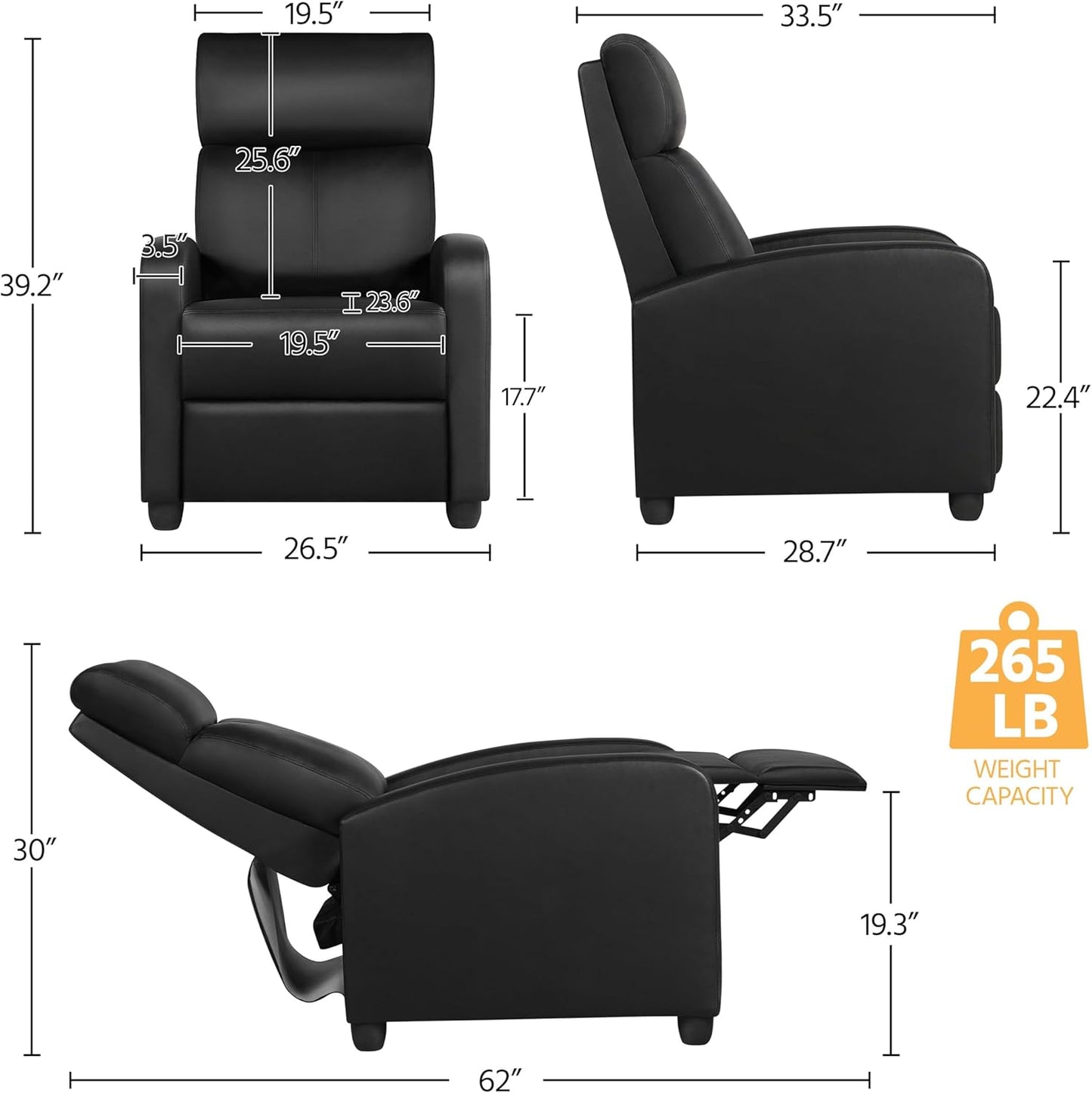 PU Leather Recliner Chair with Lumbar Support - Overstuffed High-Density Sponge Home Theater Seating Armchai