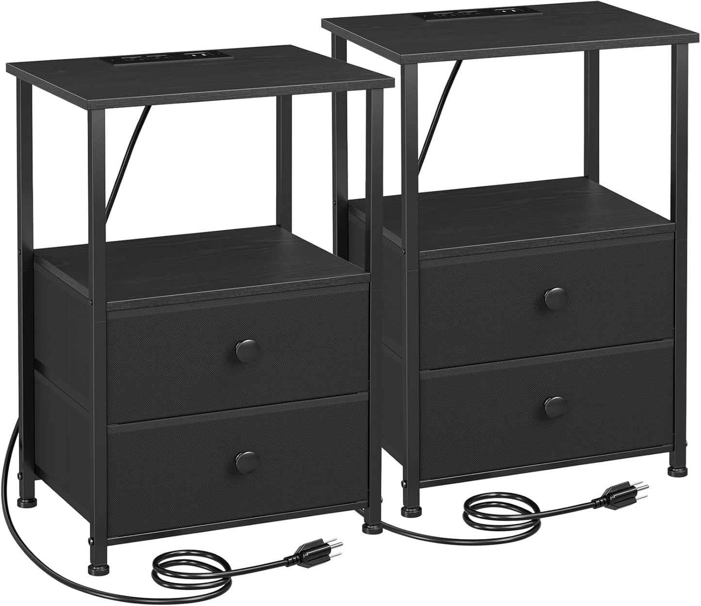Set 2 Nightstand with Charging Station, End Tables with Storage Shelf , Bedside with 2 Fabric Drawers